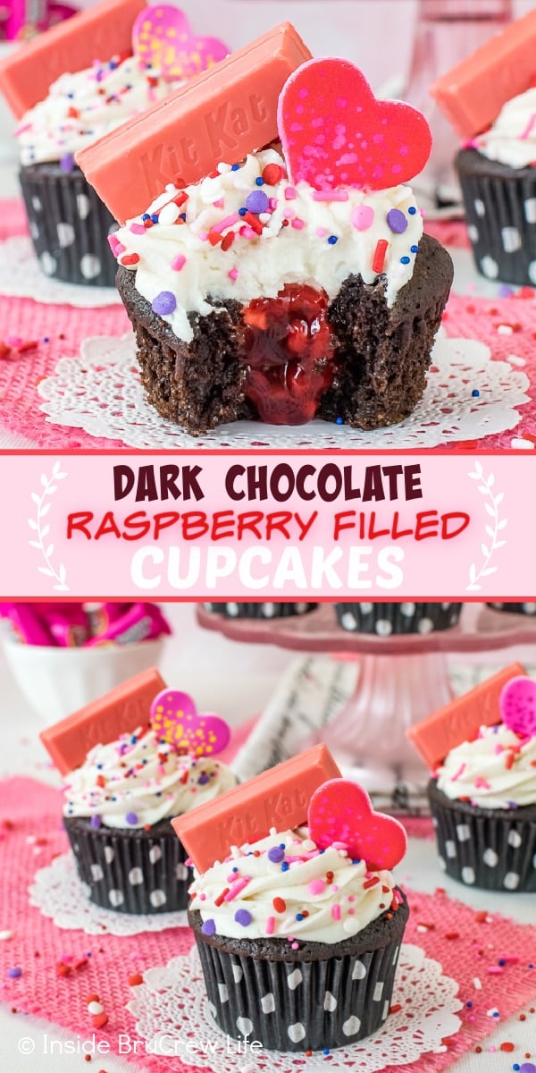 Two pictures of dark chocolate raspberry filled cupcakes collaged together with a pink text box