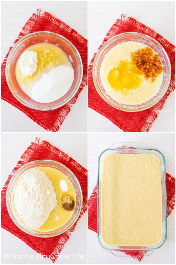 Four pictures collaged together showing how to make a pineapple sunshine cake