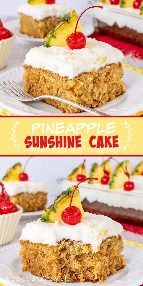 Two pictures of Pineapple Sunshine Cake collaged together with a yellow text box