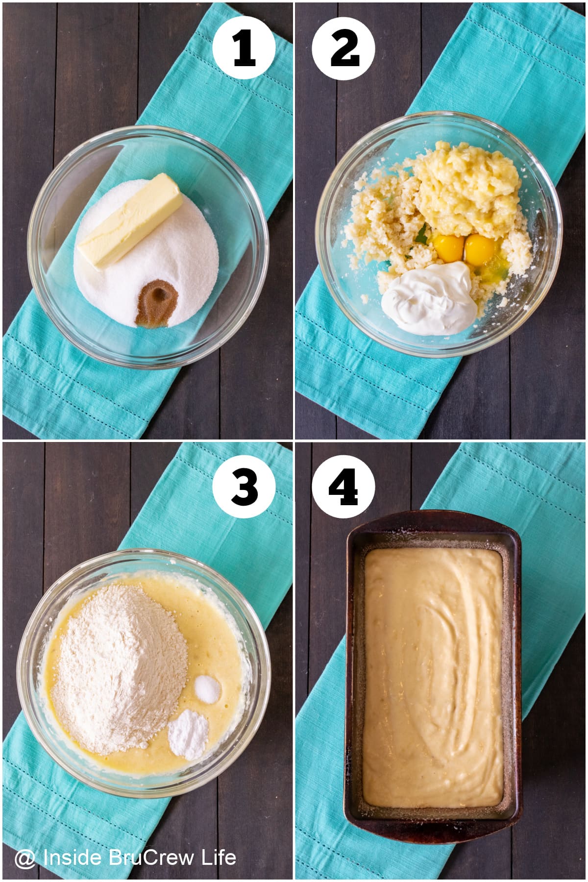Four pictures collaged together showing how to make banana bread.