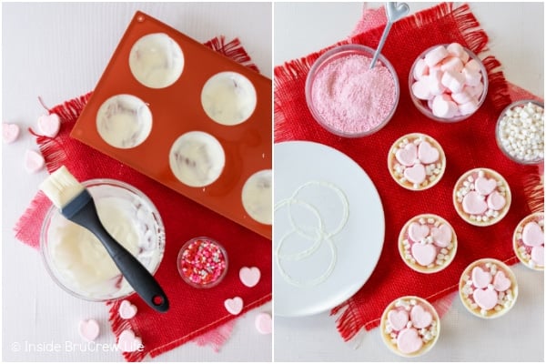 Two pictures showing how to make white hot chocolate bombs collaged together