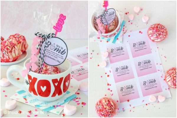 Two pictures of hot chocolate bombs wrapped in bags and bomb gift tags collaged together