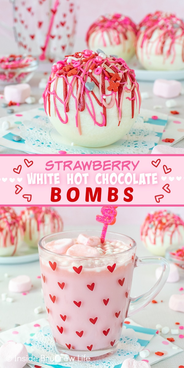 Two pictures of Strawberry White Hot Chocolate Bombs collaged together with a pink text box