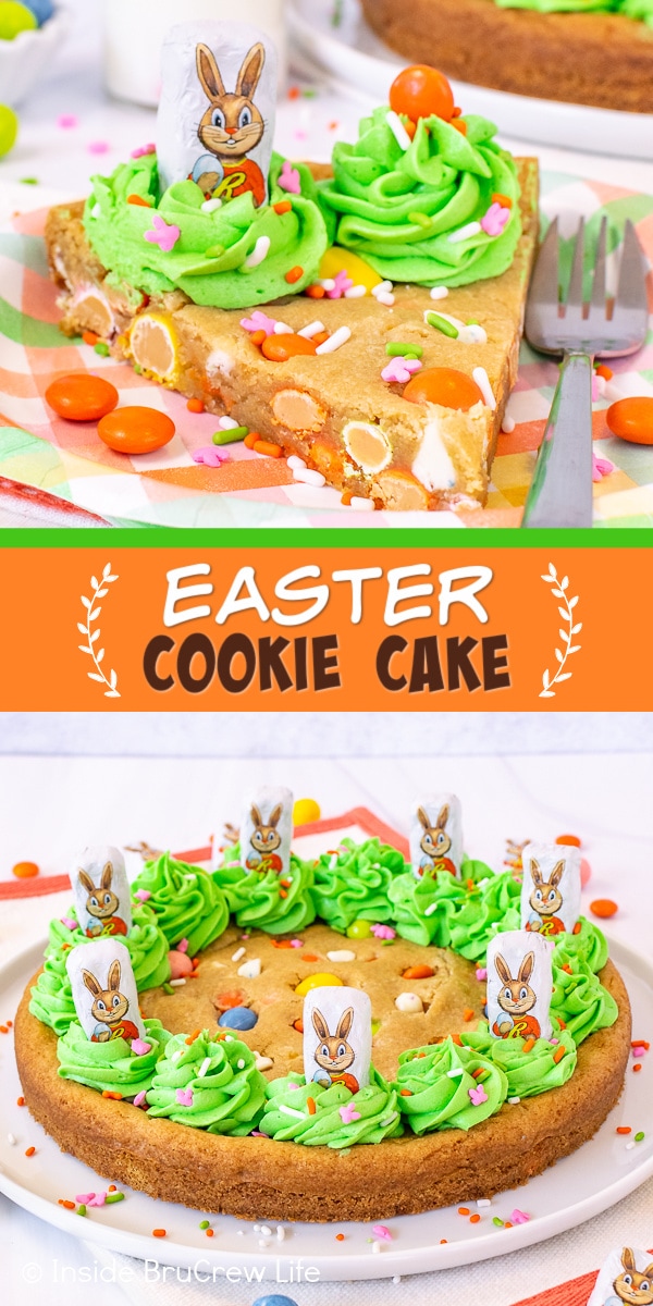 Two pictures of Easter Cookie Cake collaged together with an orange and green text box.