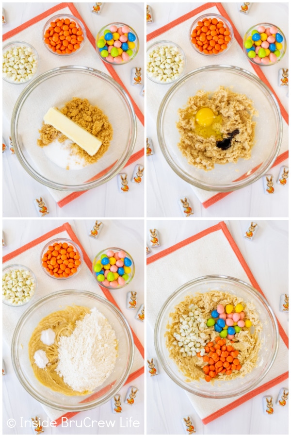 Four pictures collaged together showing how to make the dough for an easter cookie cake.