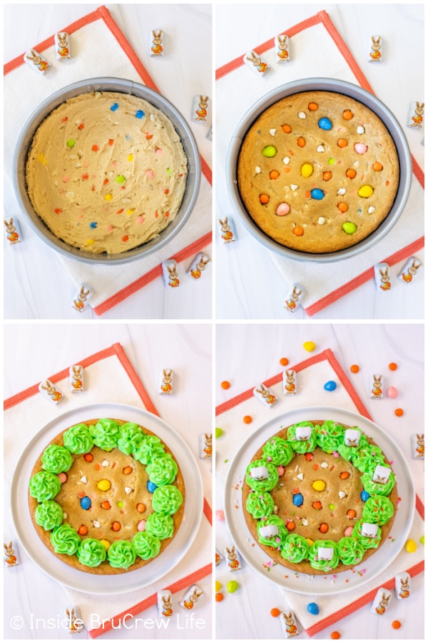 Four pictures showing how to bake and decorate a cookie cake for Easter.