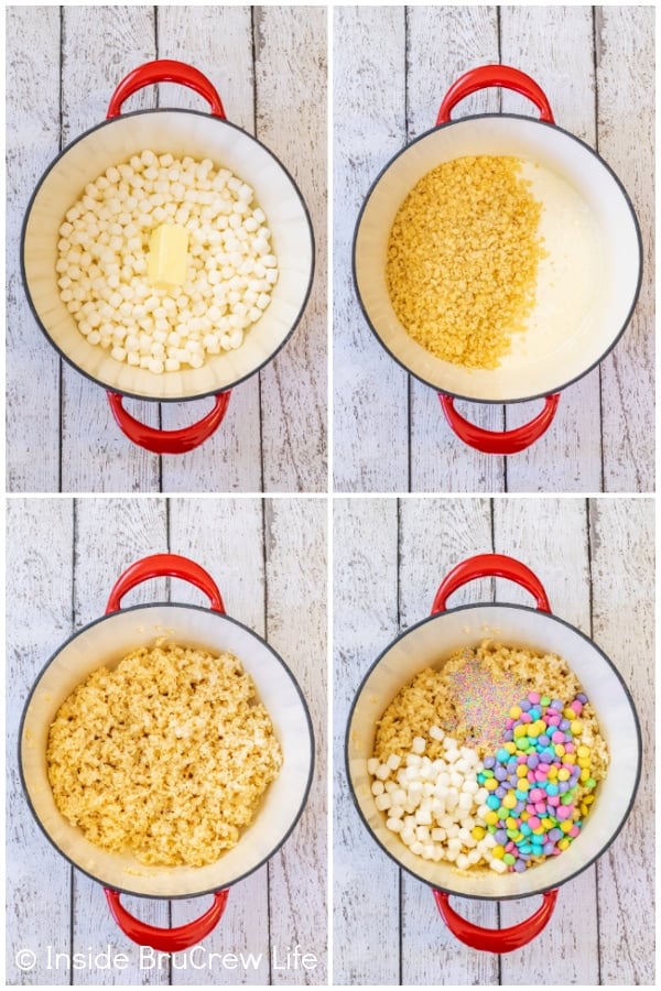 Four pictures collaged together showing the steps for making rice krispie treats with m&ms