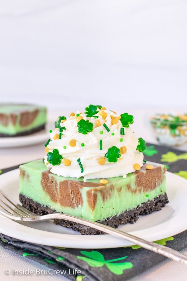 A white plate with a square of grasshopper cheesecake with chocolate swirls and topped with whipped cream and sprinkles