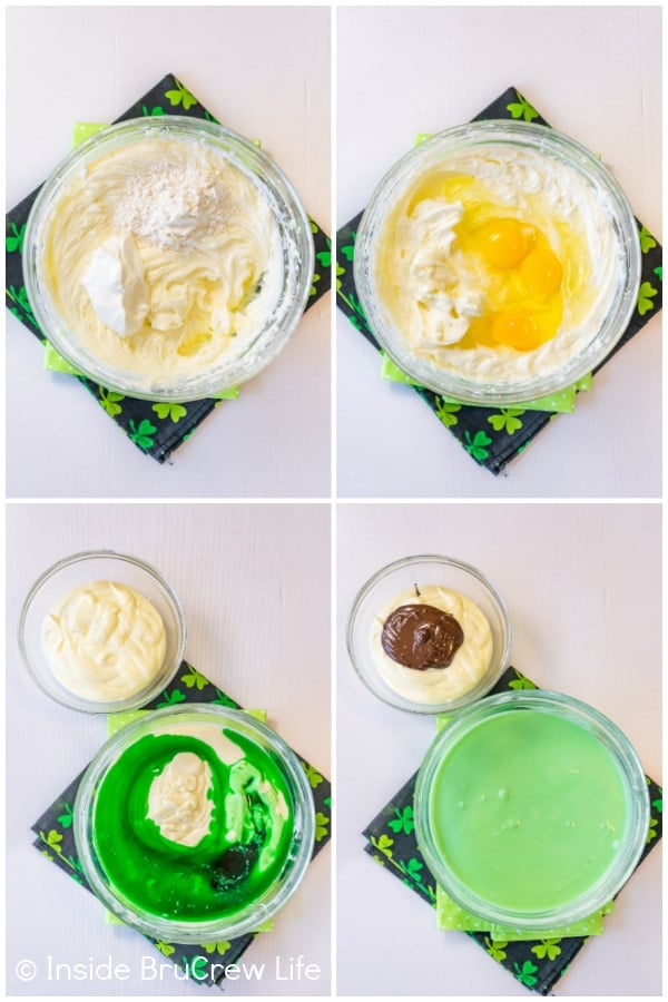 Four pictures collaged together showing how to make the cheesecake batter for grasshopper cheesecake bars