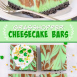 Two pictures of mint cheesecake bars with a green text box.