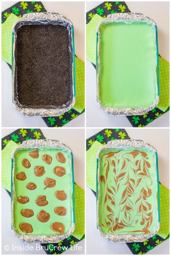 Four pictures collaged together showing how to fill and swirl the batter in grasshopper cheesecake bars