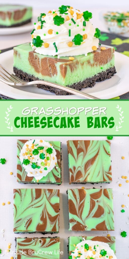 Grasshopper Cheesecake Bars - mint and chocolate swirls on an Oreo cookie crust make these cheesecake bars so good. Make this easy recipe for St. Patrick's Day or any time of year! Two pictures of Grasshopper Cheesecake Bars collaged together with a green text box