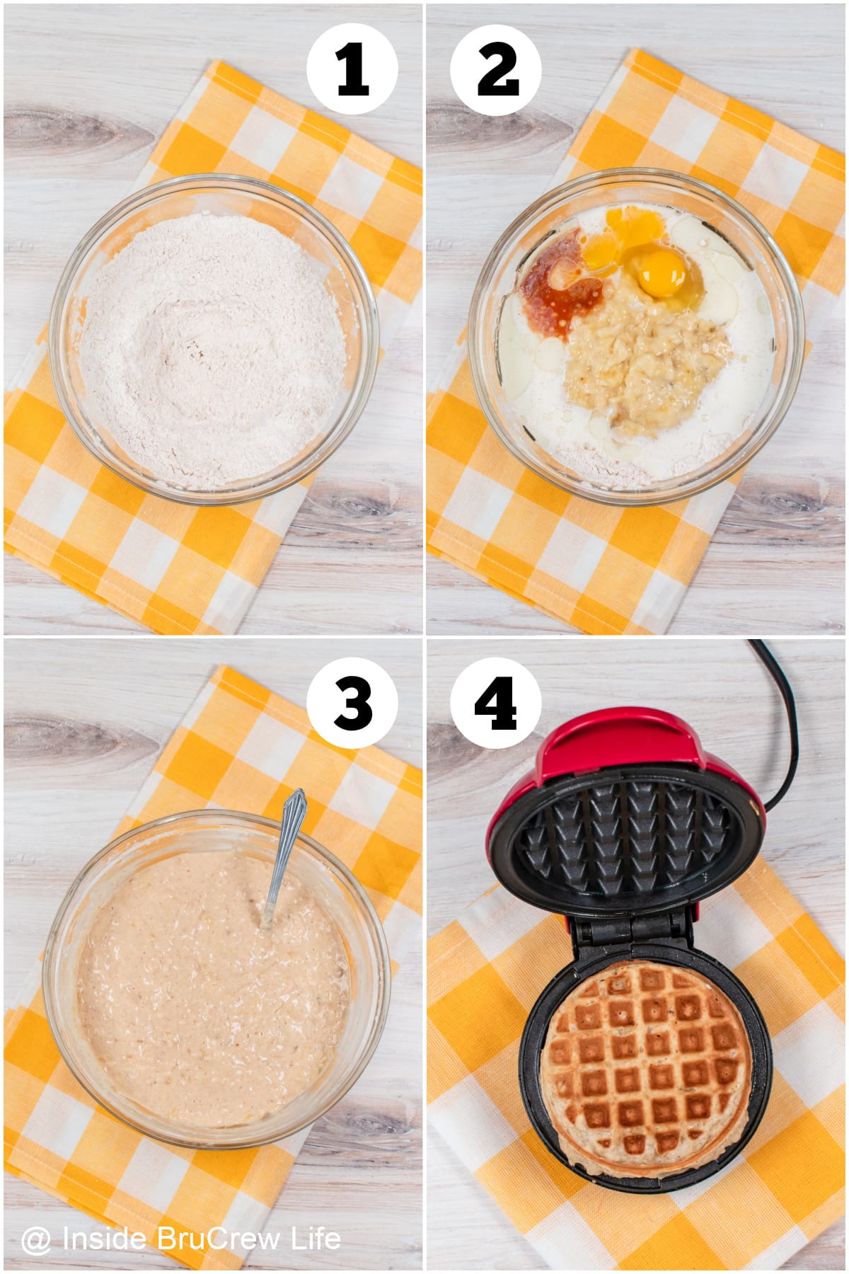 Four pictures collaged together showing how to make banana waffles.