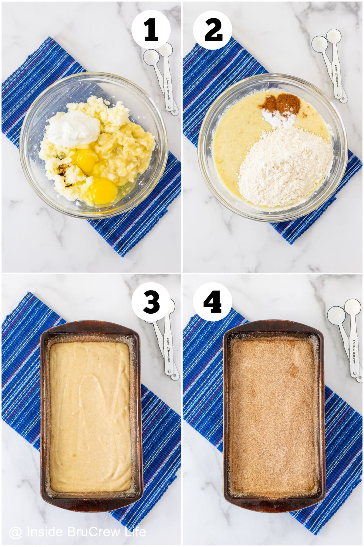 Four pictures collaged together showing how to make a sweet bread.