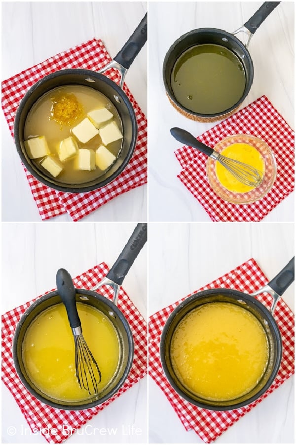 Four pictures collaged together showing how to make lemon curd