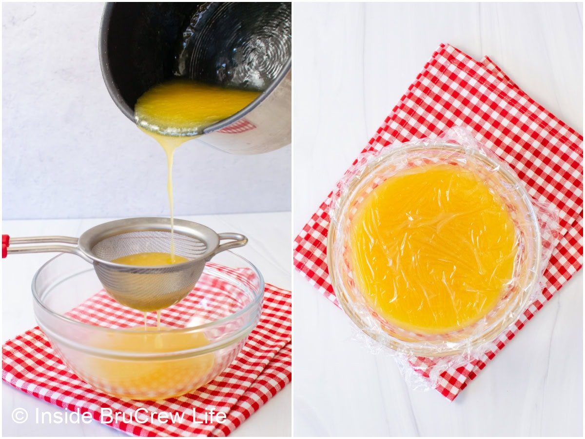 Two pictures showing how to strain and cover a lemon curd recipe.