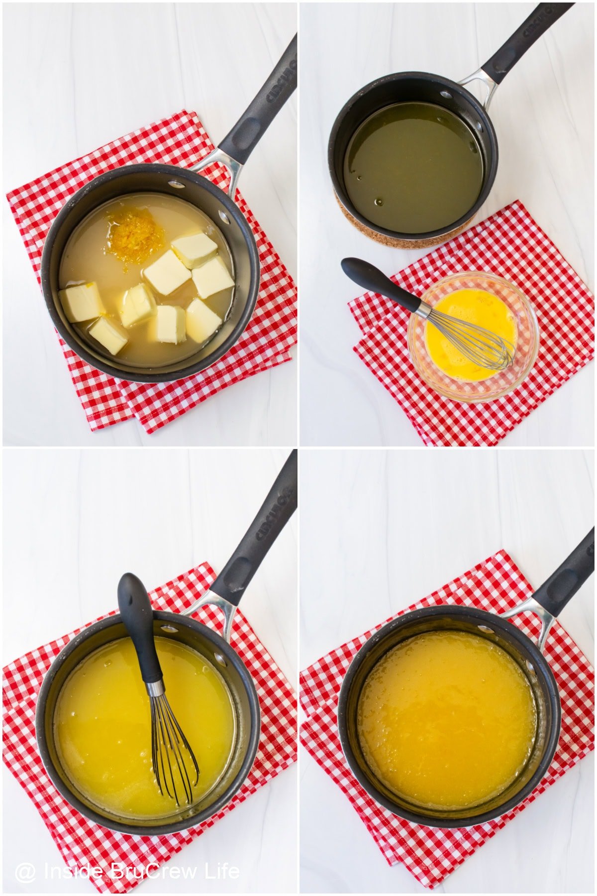 Four pictures collaged together showing how to make lemon curd.