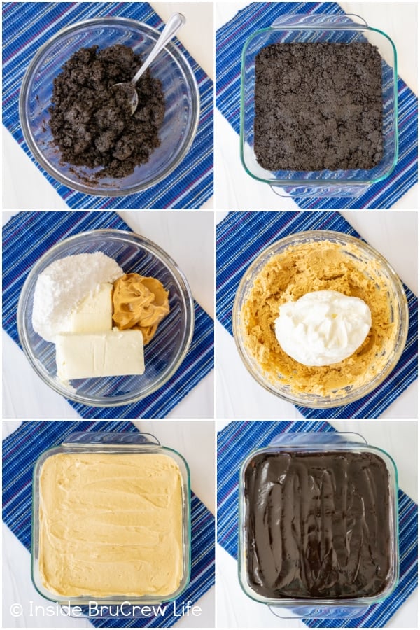 Six pictures collaged together showing how to make the different layers in peanut butter pie bars.
