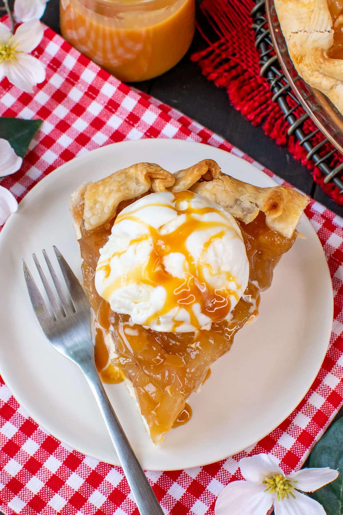 An overhead picture of a slice of pie with a scoop of ice cream on top.