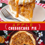 Two pictures of apple cheesecake pie collaged together with a red text box.