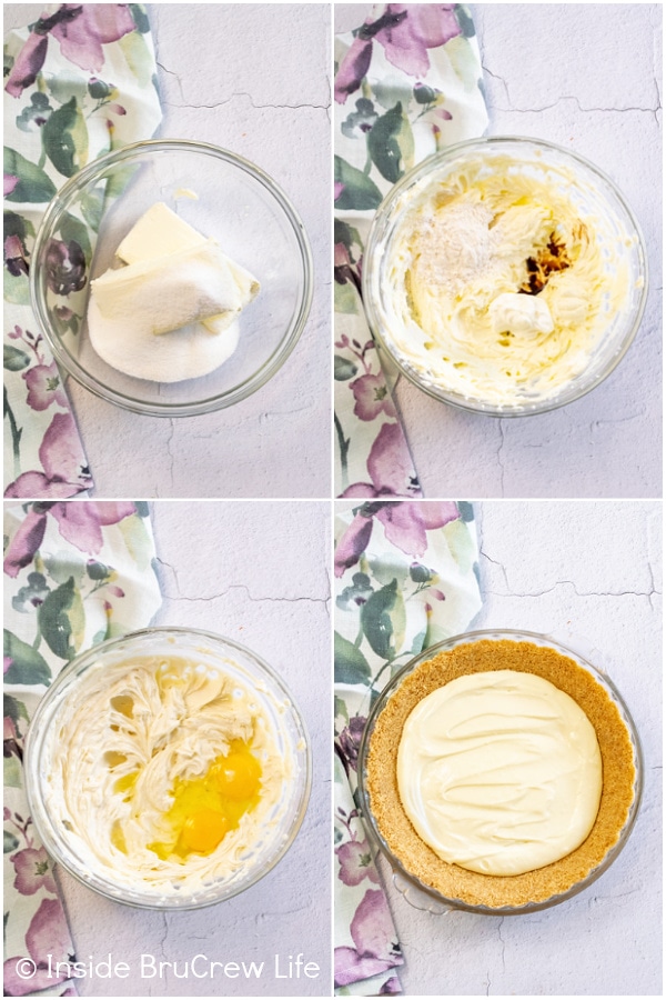 Four pictures collaged together showing the steps for the making cheesecake filling for a cheesecake pie 