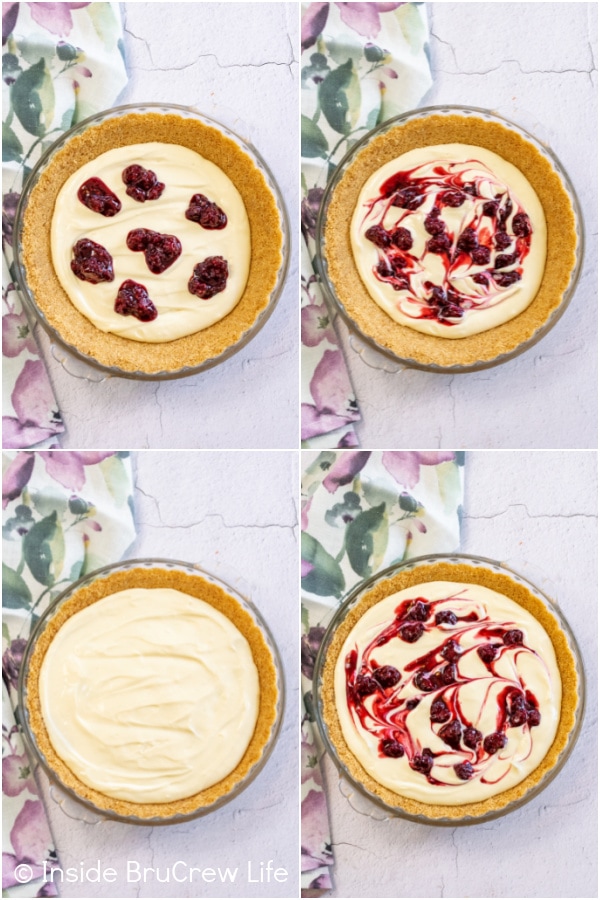 Four pictures collaged together showing how to swirl blackberry pie filling in a cheesecake pie