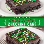 Two pictures of chocolate zucchini cake collaged with a green text box.