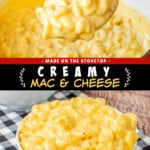 Two pictures of creamy macaroni and cheese with a black text box.