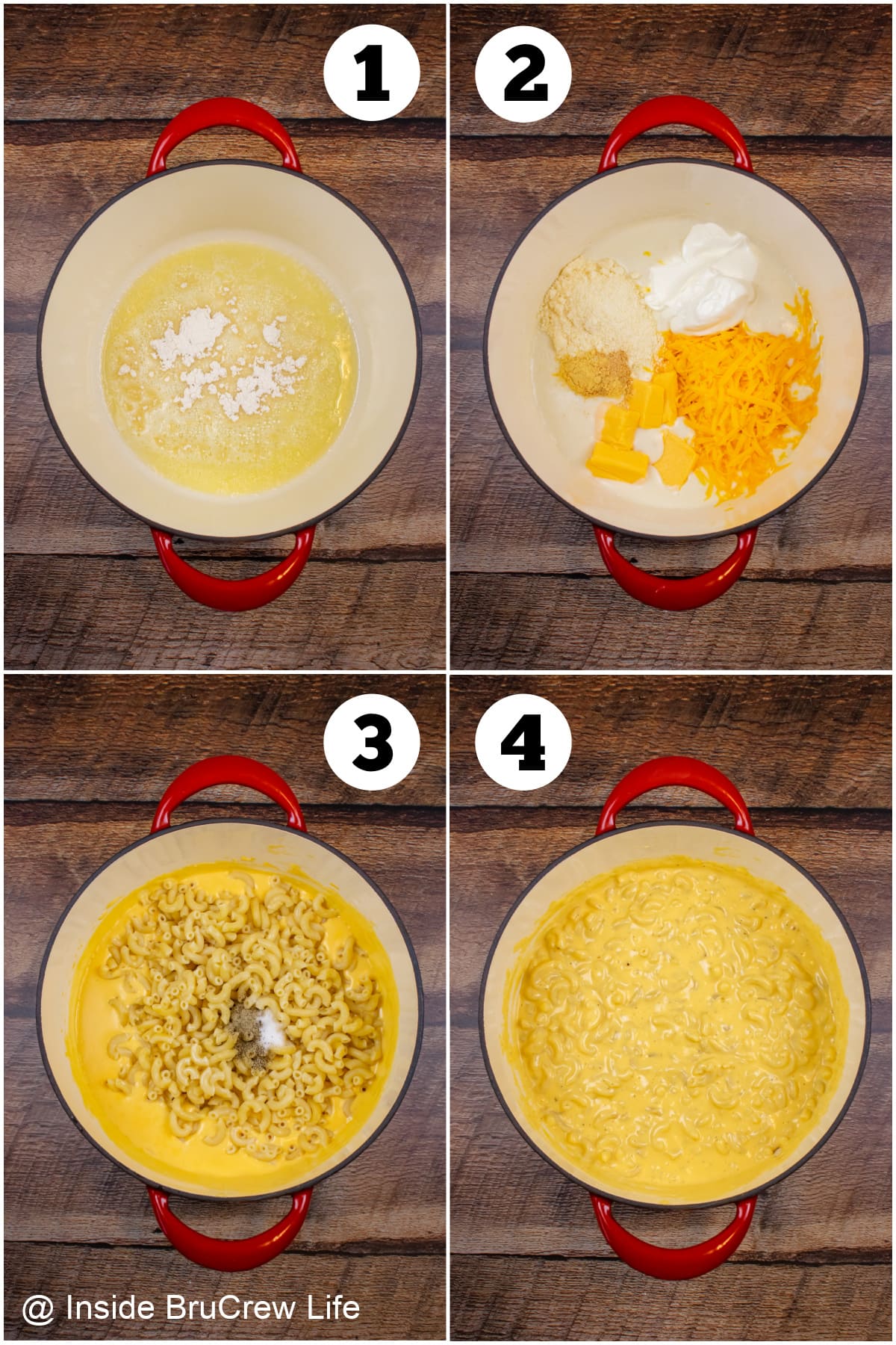 Four pictures collaged together showing how to make a creamy stovetop mac and cheese.