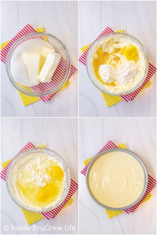 Four pictures collaged together showing how to make the lemon cheesecake filling.