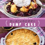 Two pictures of dump cake collaged together with a purple text box.