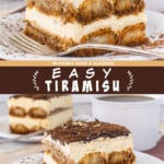 Two pictures of a layered tiramisu collaged together with a brown text box.