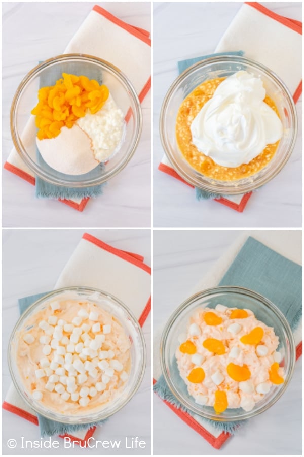 Four pictures collaged together showing the steps for making an Jello fluff salad.