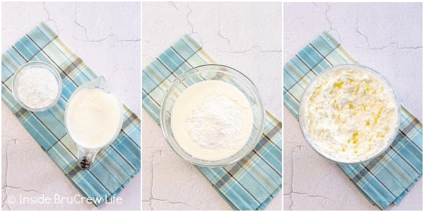 Three pictures collaged together showing the steps to make homemade whipped cream.