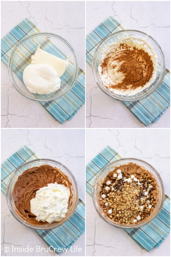 Four pictures collaged together showing the steps for making the filling for a chocolate icebox cake.