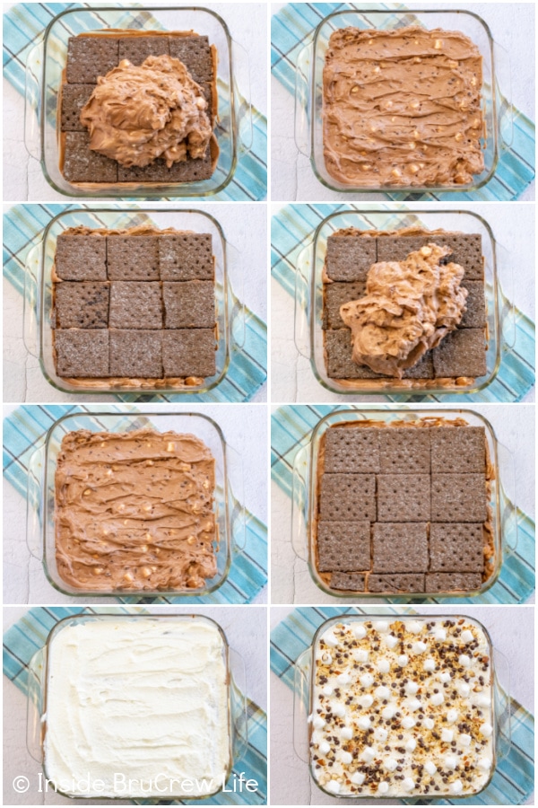 Eight small pictures collaged together showing how to put together the layers in a rocky road icebox cake.