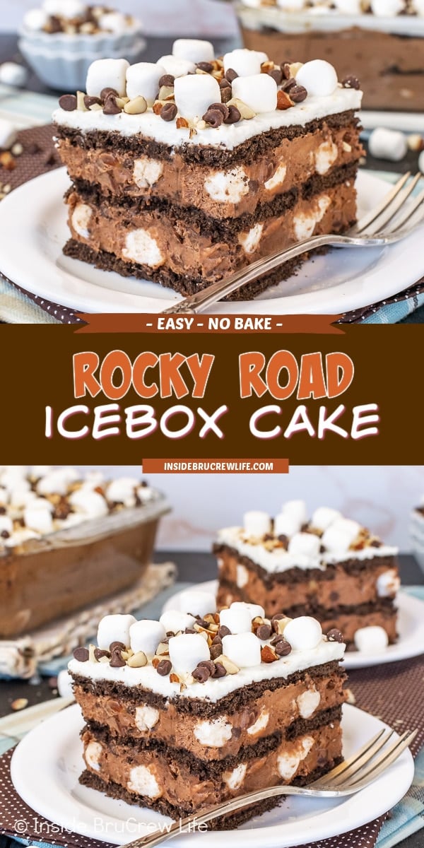 Two pictures of a Rocky Road Icebox Cake collaged together with a dark brown text box.