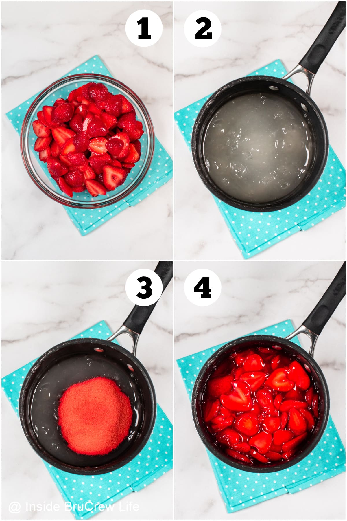 Four pictures collaged together showing how to make strawberry pie filling in 4 easy steps.