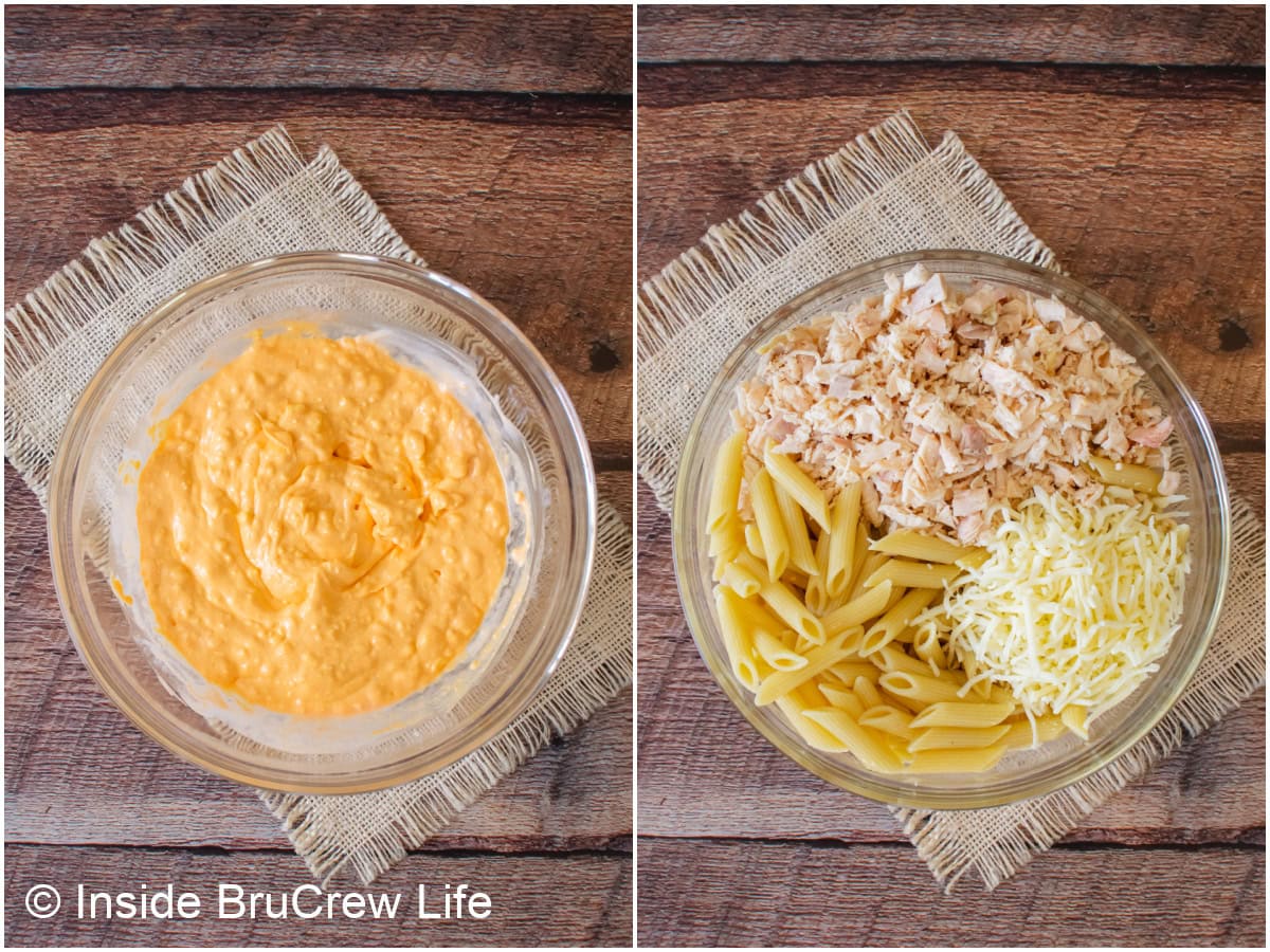 Two pictures of bowls filled with cheese sauce and chicken and noodles.