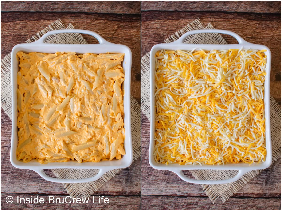 Two pictures collaged together of an assembled cheesy pasta dinner.