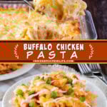 Two pictures of the original buffalo chicken bake collaged with an orange text box.