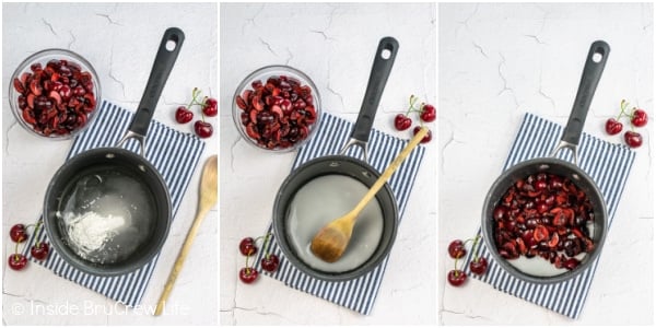 Three pictures collaged together showing how to make cherry filling.