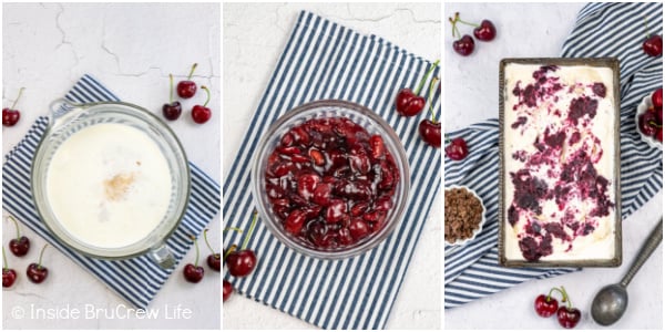 Three pictures collaged together showing the steps to make homemade cherry vanilla ice cream.