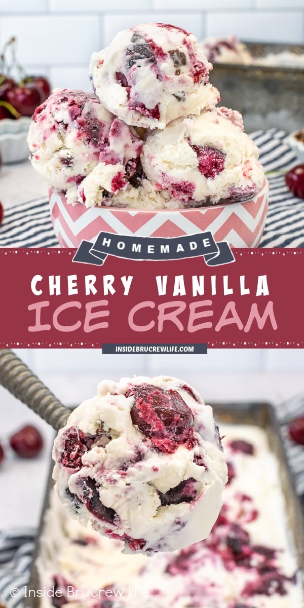 Two pictures of Cherry Vanilla Ice Cream collaged together with dark red text box.
