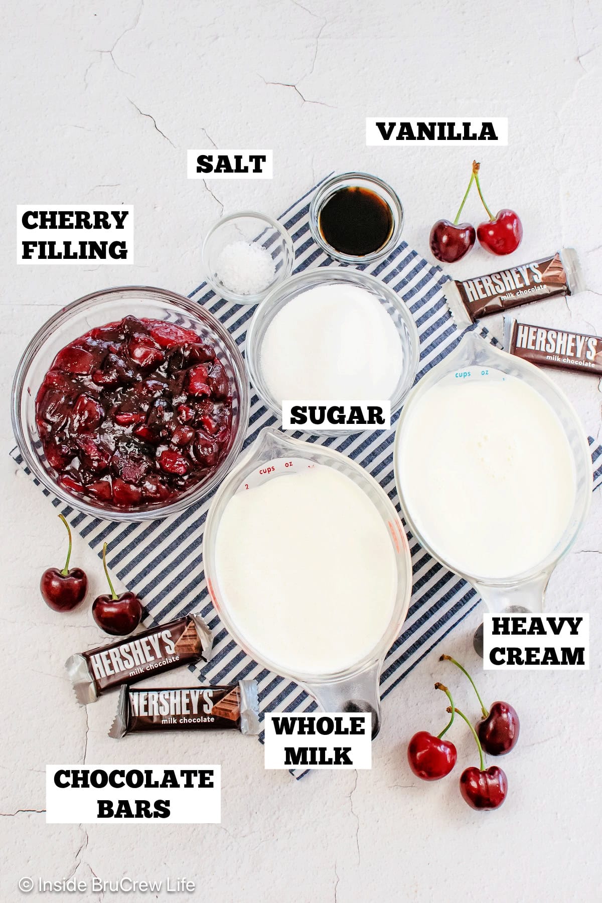 Ingredients for a cherry vanilla ice cream on a white board with text labels.