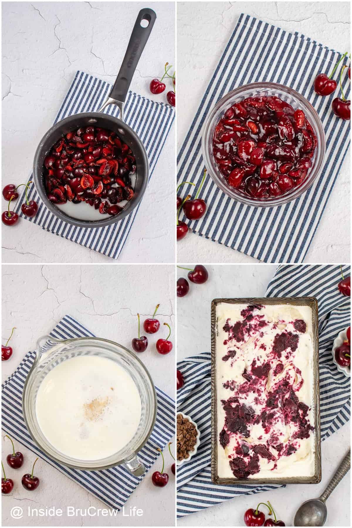 Step by step photos showing how to make cherry vanilla ice cream.