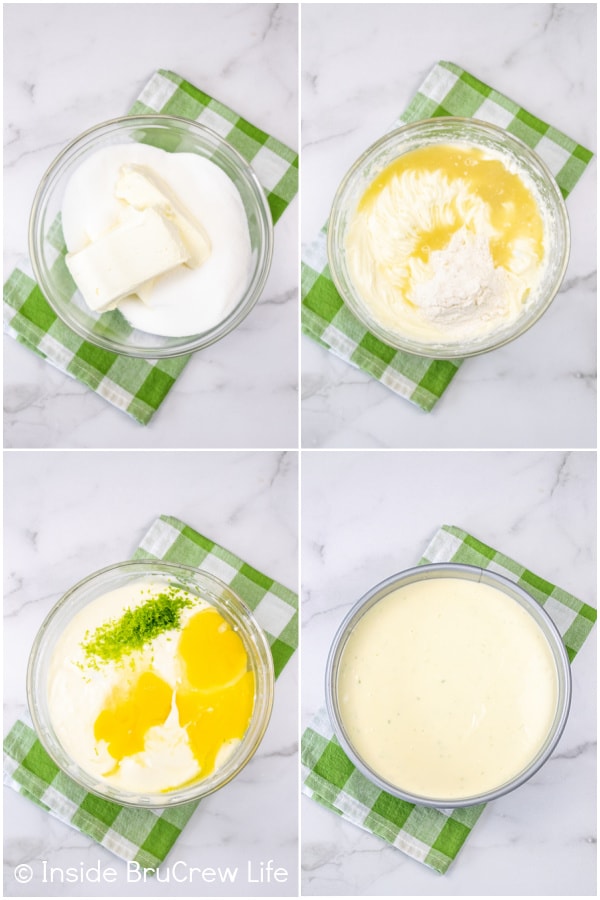 Four pictures collaged together showing how to make the filling for a key lime cheesecake.