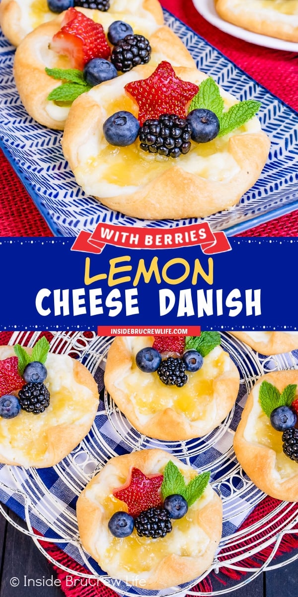 Two pictures of lemon cheese danish collaged together with a blue text box.