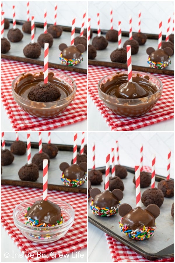 Four pictures collaged together showing the steps to dipping cake pops in chocolate and sprinkles.