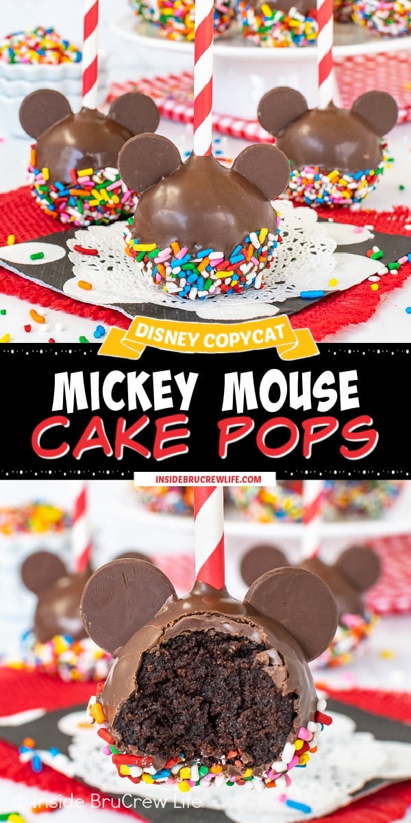 Two pictures of Mickey Mouse Cake Pops collaged together with a black text box.